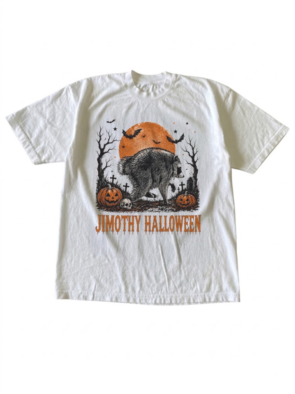 Jimothy Halloween Raccoon Pumpkin Moon White Spooky Graphic T-Shirt